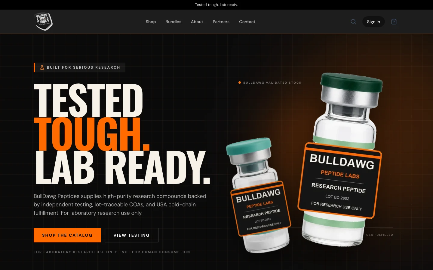 Live BullDawg Peptides storefront showing its black and orange industrial homepage and transparent vial hero